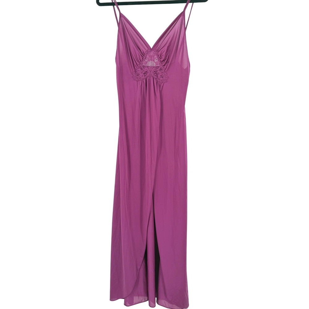 Vintage Lorraine Slip Maxi Dress Purple Nylon Lace Double Strap High Center Slit